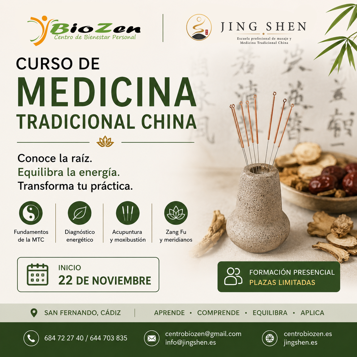 Cartel del curso de Medicina Tradicional China en San Fernando Cadiz 2026 2027