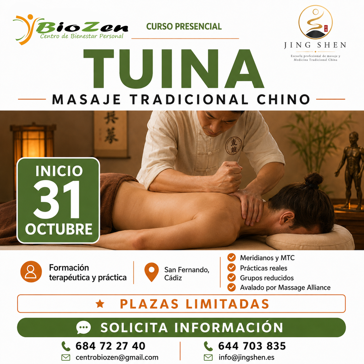 Cartel del curso presencial de Tui Na masaje tradicional chino en San Fernando Cadiz