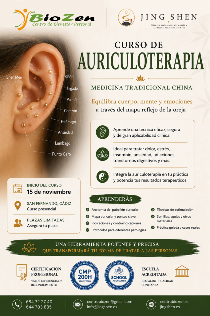Cartel del curso de auriculoterapia MTC en San Fernando Cadiz