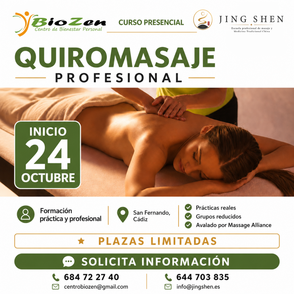 Cartel del curso de quiromasaje profesional en San Fernando Cadiz